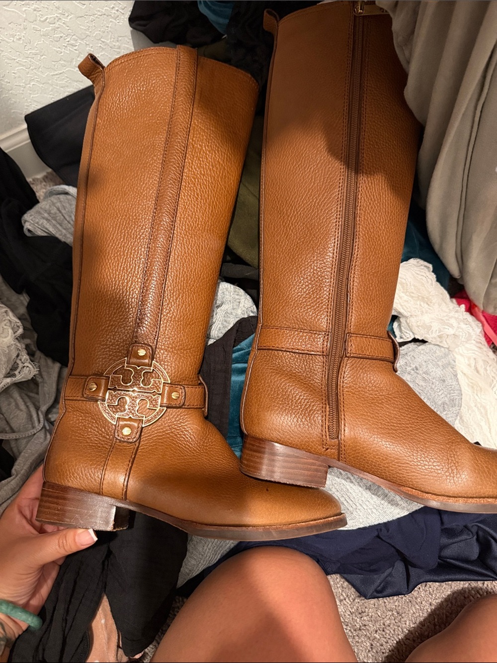 Tory Burch Tall Cognac Leather Riding Boots with Logo Medallion